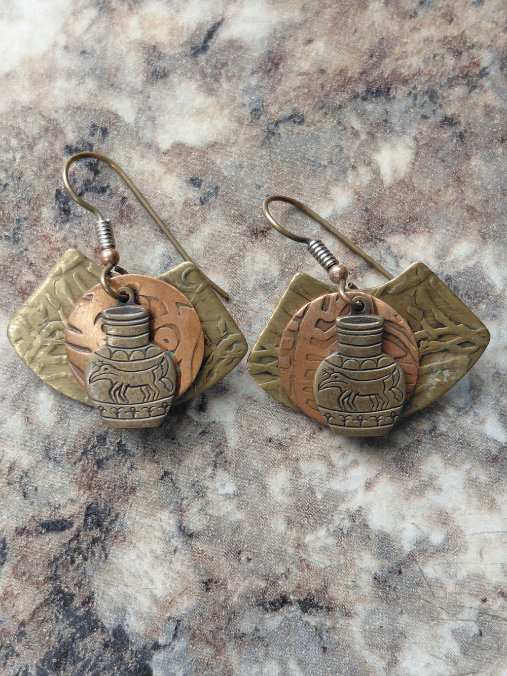 Tribal Tri Color Mixed Metal Animal Art Vase Artisan Vintage Earrings